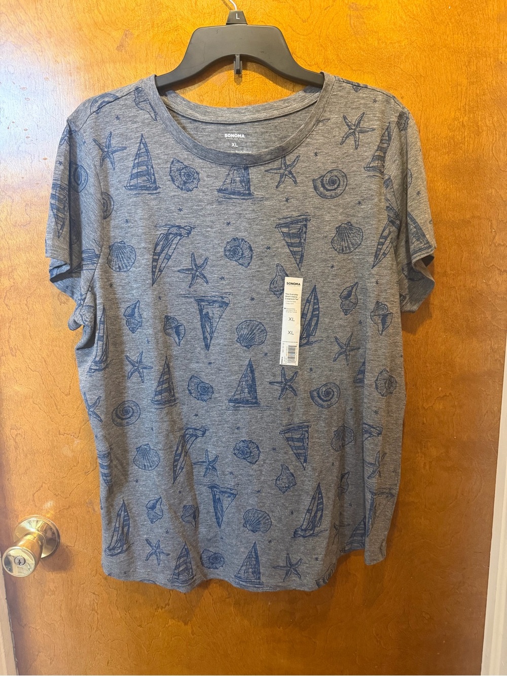 Sonoma grey short sleeve beach theme boats shells tropical print crew tee XL